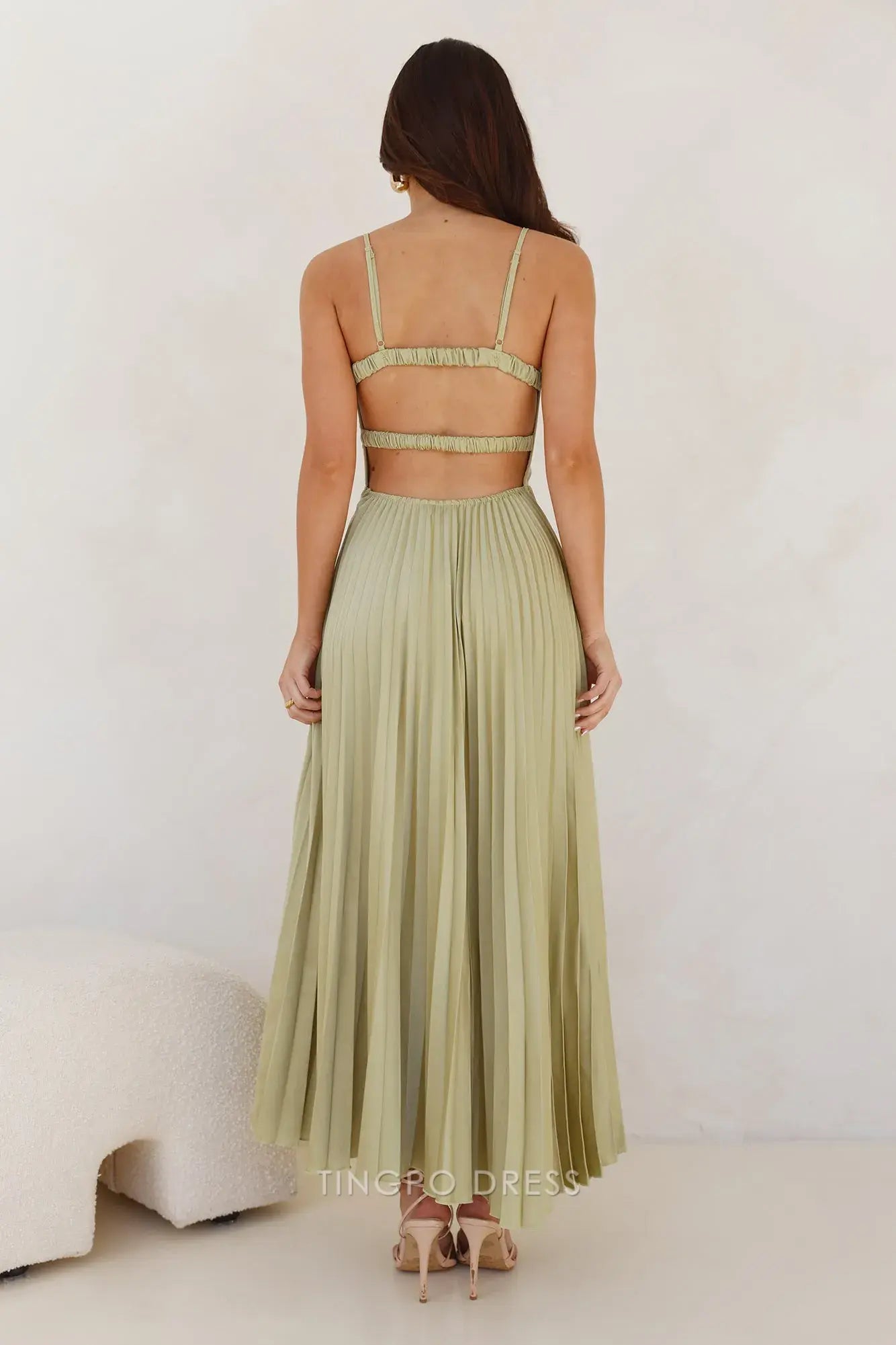 Elegant Spaghetti Strap Pleated Maxi Dress with Open Back Prom Dress